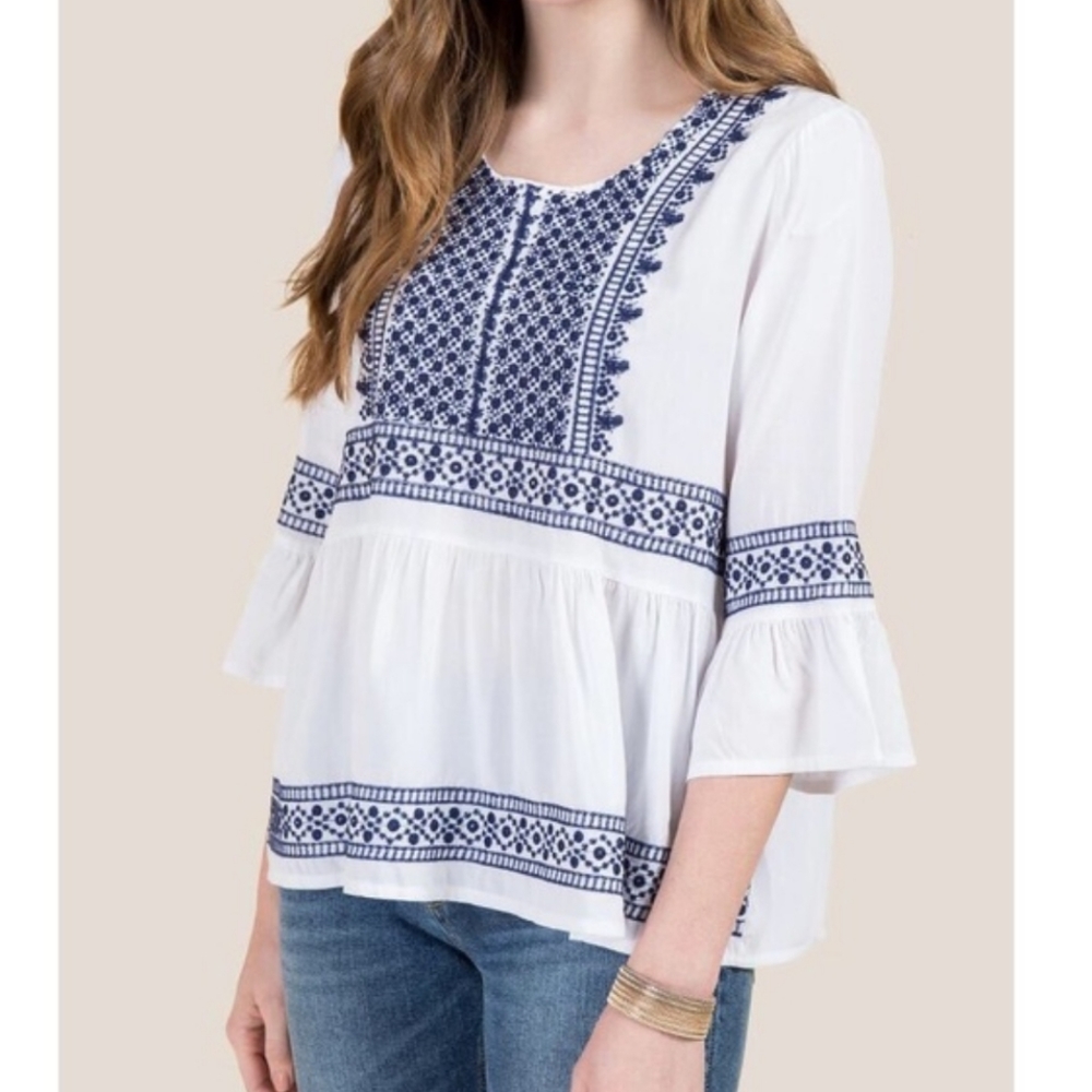 Blue Rain white cotton blue embroidered peplum top